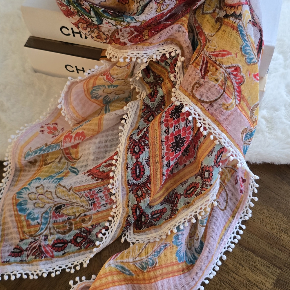 Chico's Floral Scarf with Lace Trim